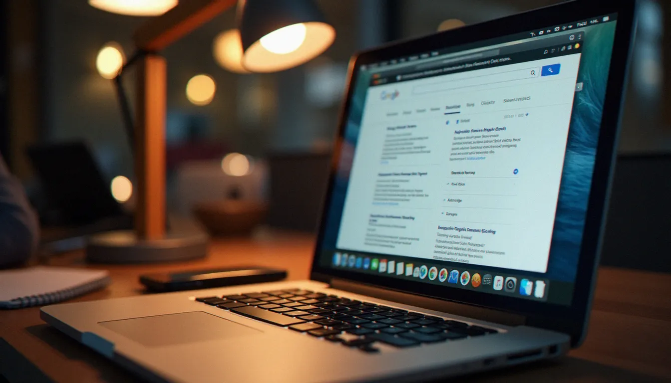 Vue par-dessus l'épaule d'un professionnel analysant des résultats de recherche Google avec une barre d'outils d'extension Firefox visible en haut du navigateur