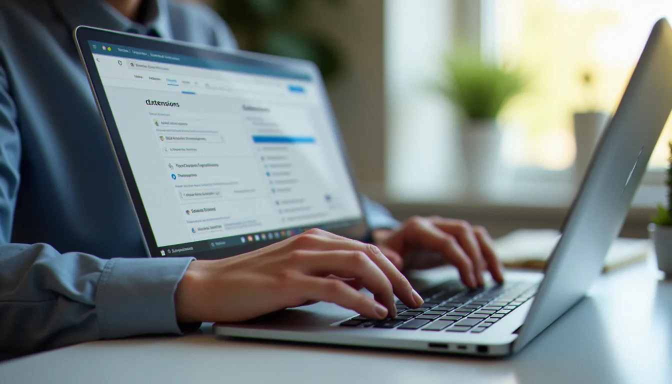Mains posées sur un clavier d'ordinateur portable avec le panneau de gestion des extensions Firefox ouvert à l'écran, illustrant l'installation et la configuration d'extensions Firefox au quotidien