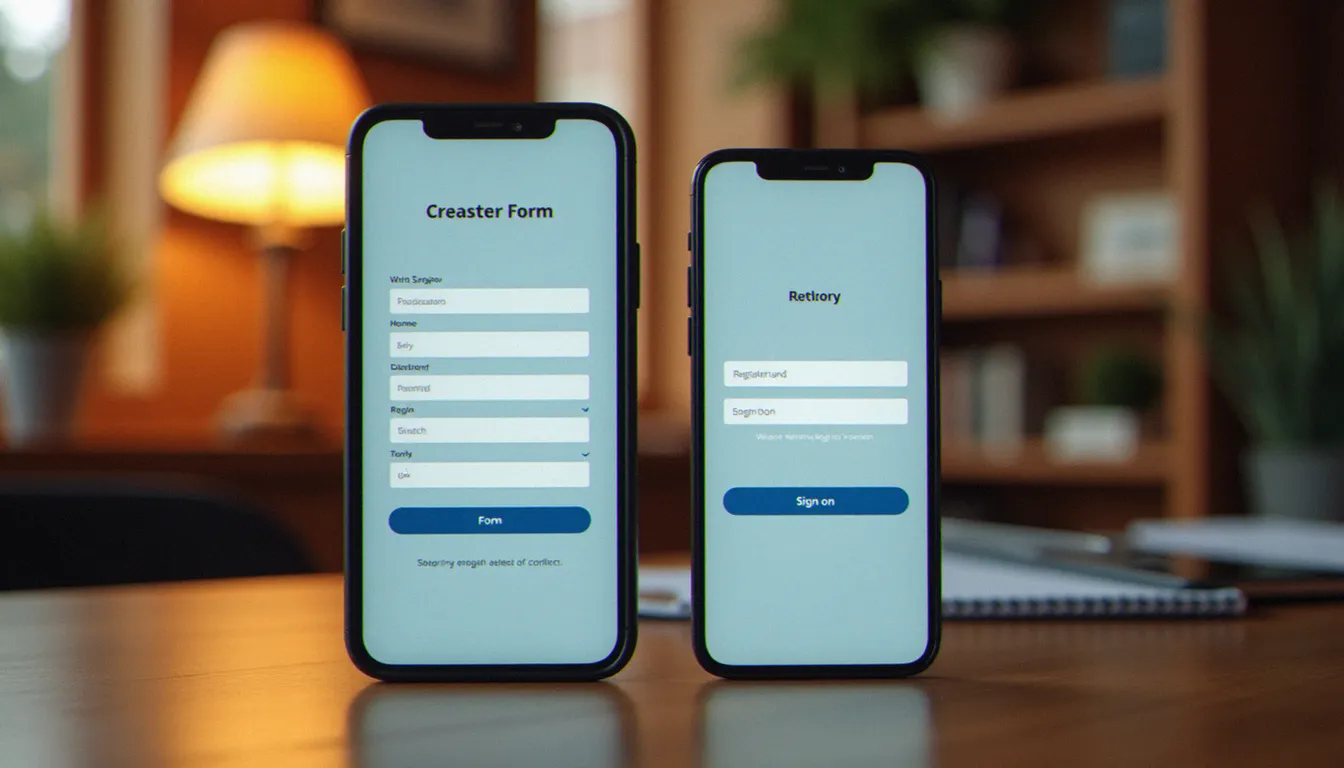 Comparaison entre un formulaire d'inscription classique complexe et une authentification simplifiée via f-connect sur mobile