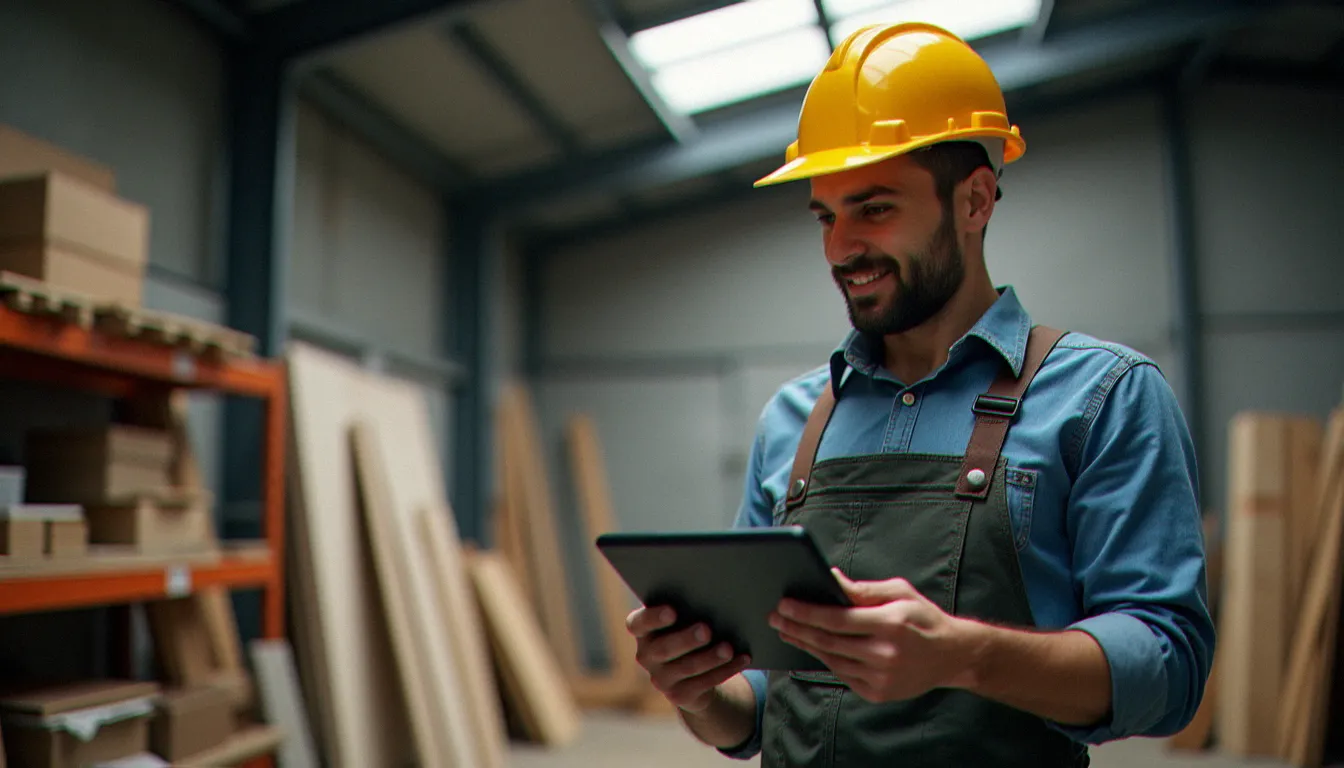 Artisan consultant une tablette dans son atelier, illustrant l'usage professionnel des outils d'envoi de fichier lourd pour les TPE et artisans