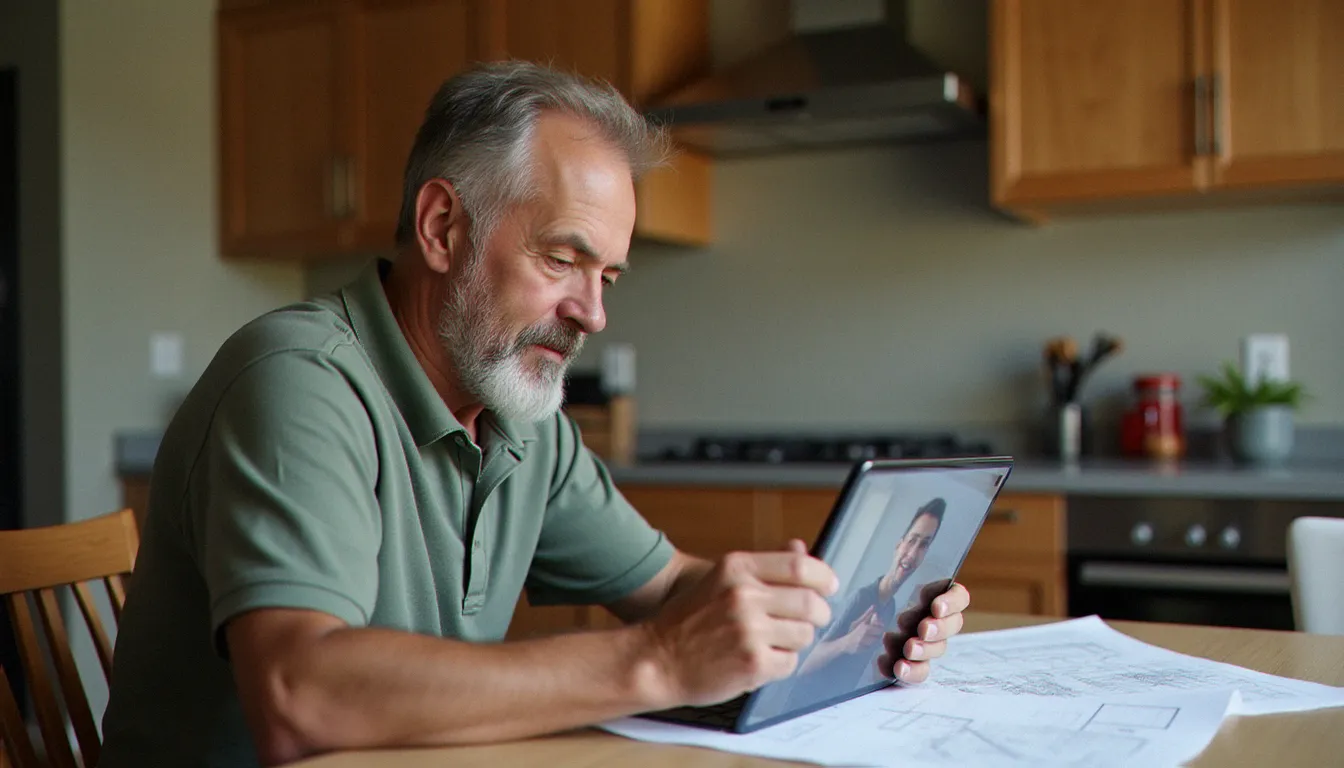 Un artisan du bâtiment utilisant Google Meet sur une tablette pour réaliser un devis à distance avec un client