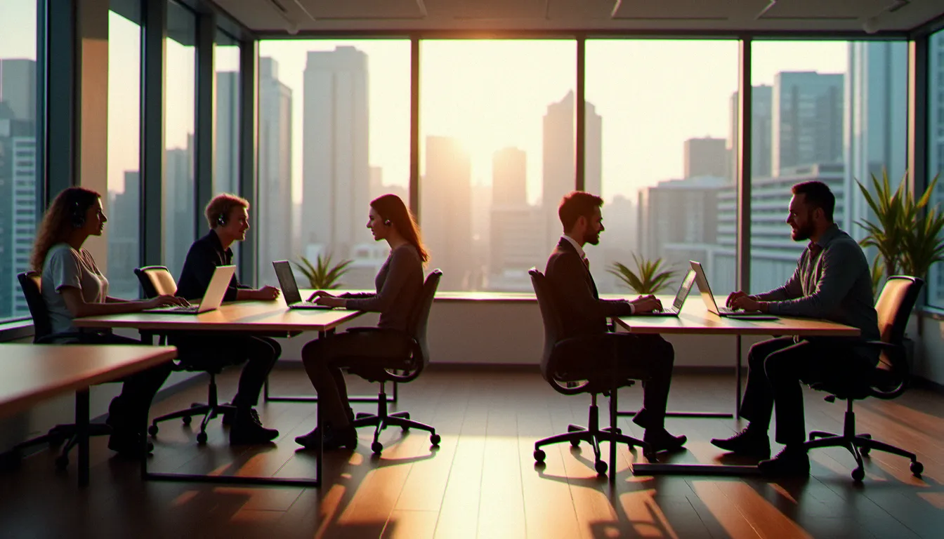 Une équipe en télétravail hybride participant chacun individuellement à une visioconférence Google Meet depuis un espace de travail moderne