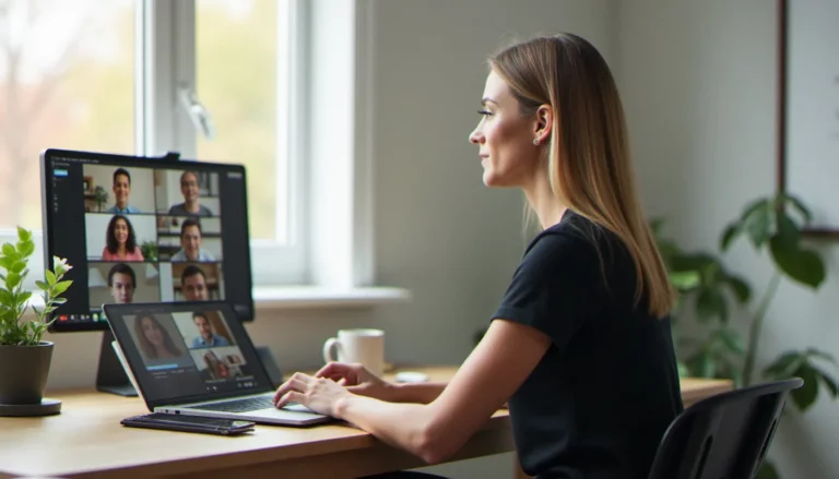Une dirigeante de TPE en réunion Google Meet sur son ordinateur portable dans un bureau professionnel lumineux