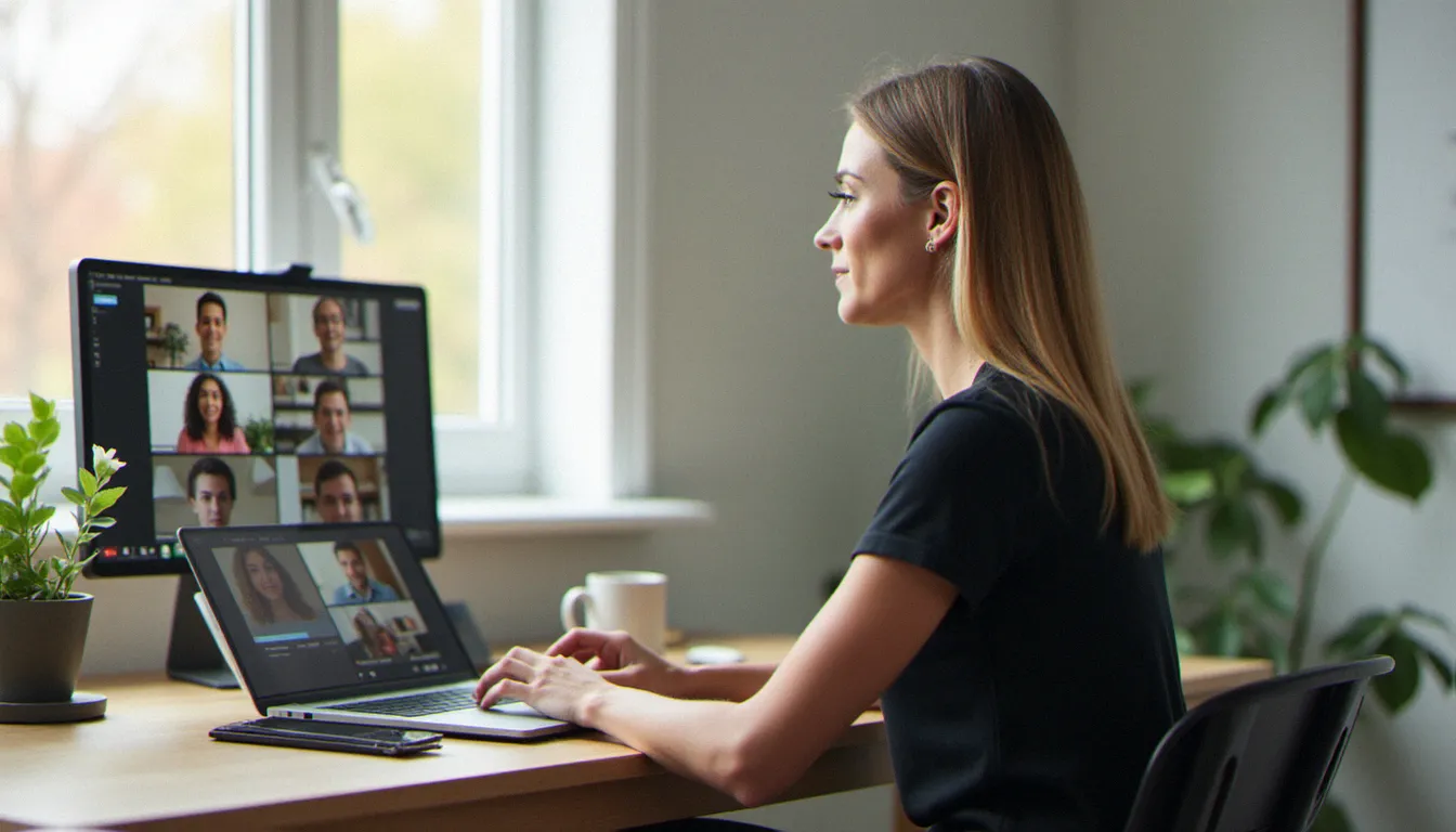 Une dirigeante de TPE en réunion Google Meet sur son ordinateur portable dans un bureau professionnel lumineux