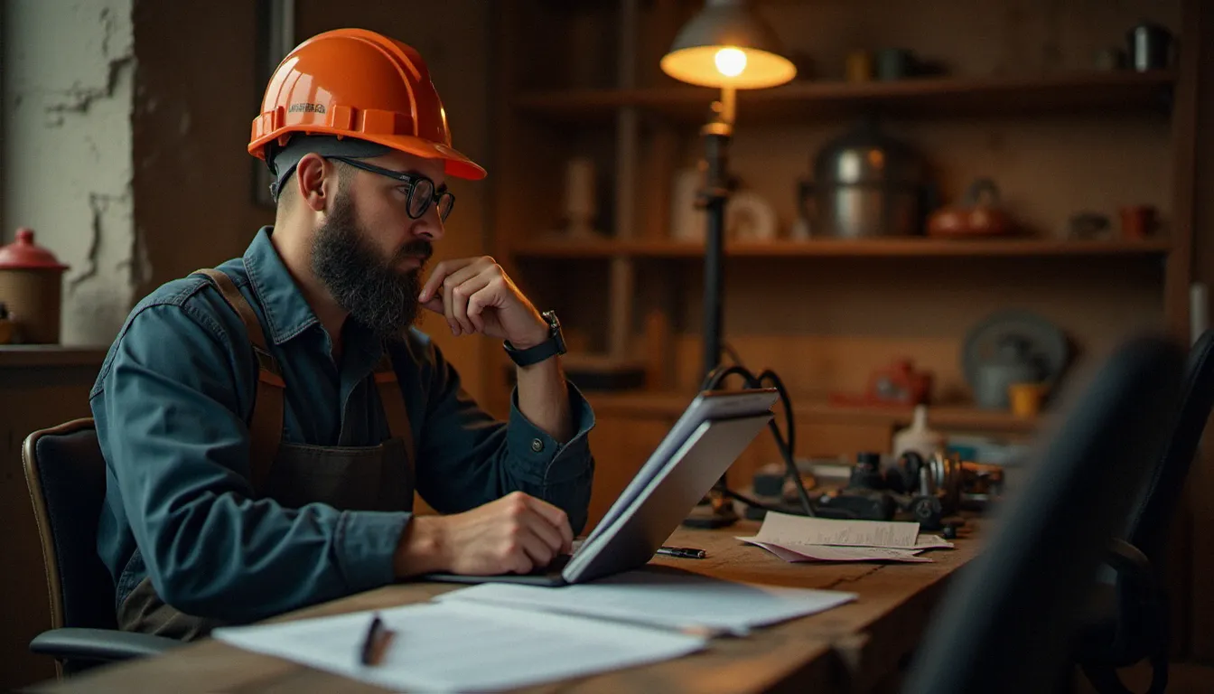 Chef de TPE artisanale consultant ses documents numériques lourds sur tablette dans son atelier, illustrant la problématique des gros fichiers pour les petites entreprises