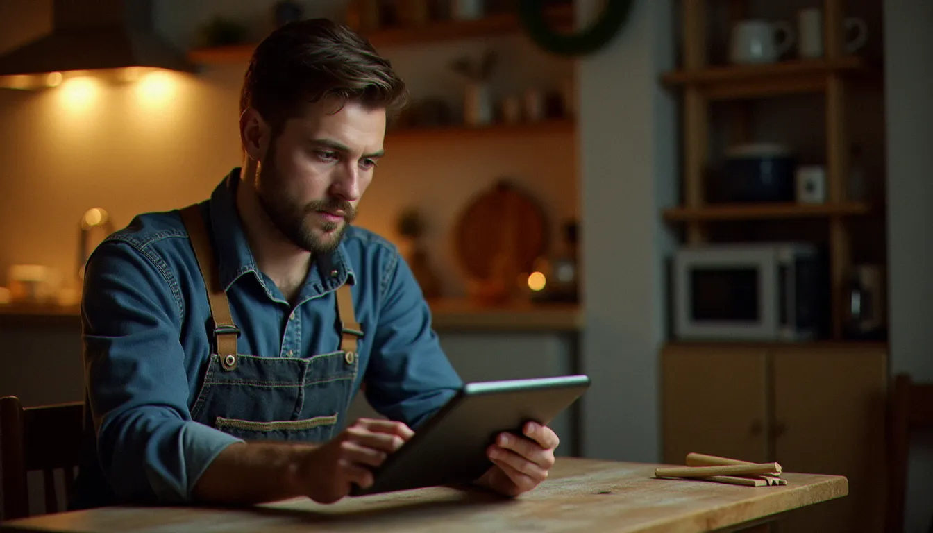 Un artisan en tenue de travail compare deux offres d'hébergement web sur une tablette le soir à son domicile, illustrant le choix entre hébergeur gratuit et payant