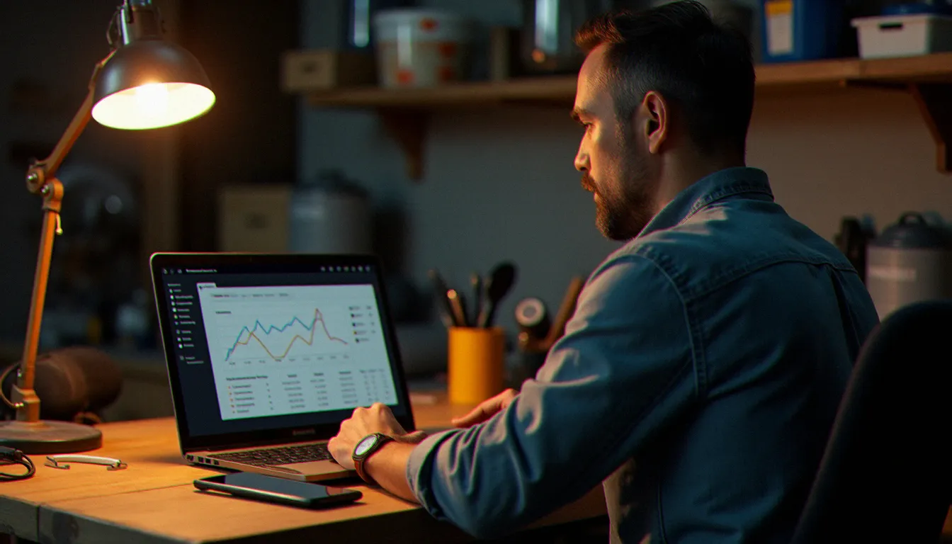 Un artisan entrepreneur analyse les statistiques de performance SEO de son site web sur Google Search Console, illustrant le lien entre la structuration HTML et le référencement naturel de son activité