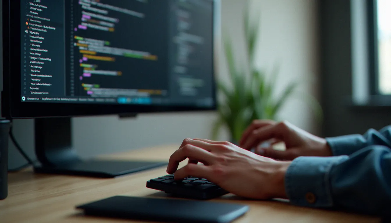 Un développeur web écrit du code HTML contenant une balise horizontal rule dans son éditeur de code, illustrant l'utilisation sémantique de cet élément de structuration de page web