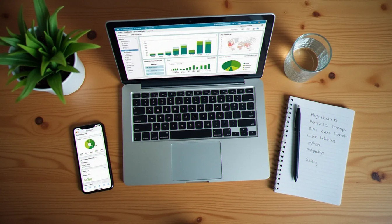 Vue d'ensemble d'un bureau avec MacBook affichant un tableau de bord de gestion de données iOS et un iPhone posé à côté, illustrant les outils iMobie pour TPE