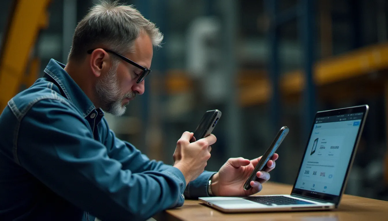 Un artisan en pause compare deux smartphones lors d'un transfert de données, illustrant la migration entre appareils avec un logiciel comme iMobie face à la concurrence