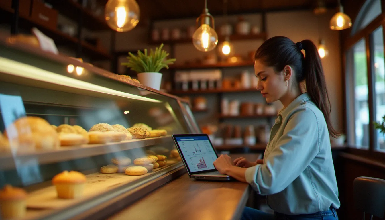 Une propriétaire de petite entreprise analysant les données de référencement naturel de son site sur une tablette dans son commerce