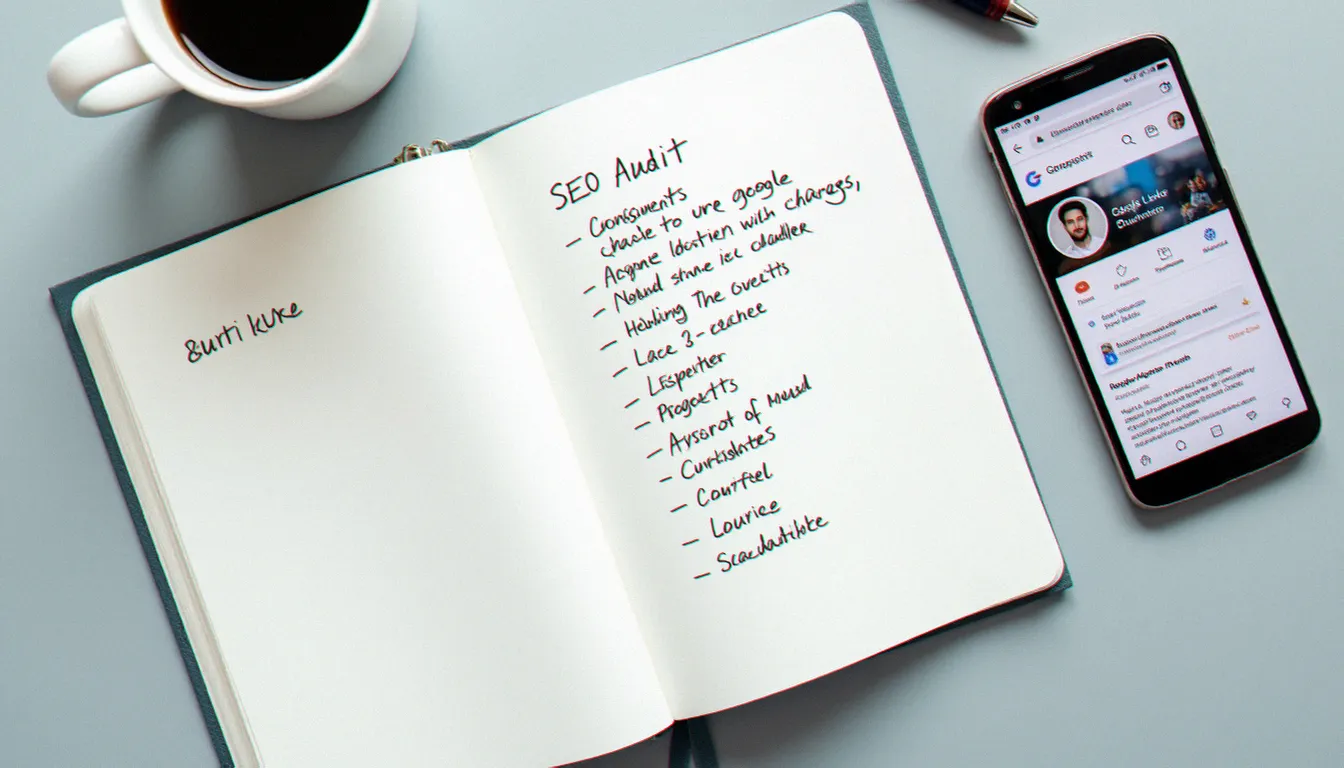 Vue de dessus d'un bureau avec un carnet d'audit SEO, un smartphone affichant une fiche Google Business Profile et un café