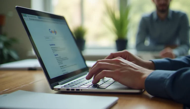 Un consultant digital travaillant sur l'internet search optimization devant son ordinateur portable, résultats de recherche Google visibles à l'écran
