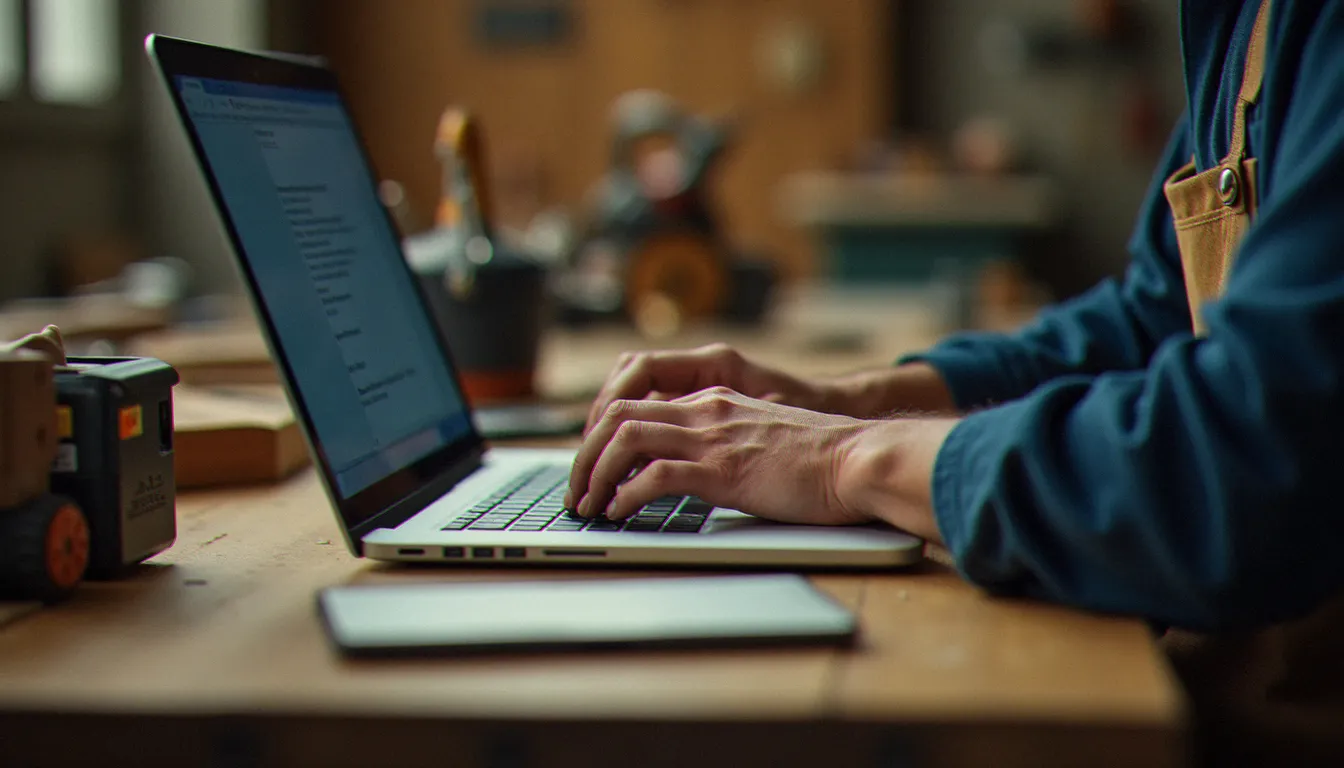 Les mains d'un artisan tapant sur un clavier d'ordinateur portable dans un atelier, illustrant l'usage d'outils IA comme mamouth.ia pour les métiers manuels