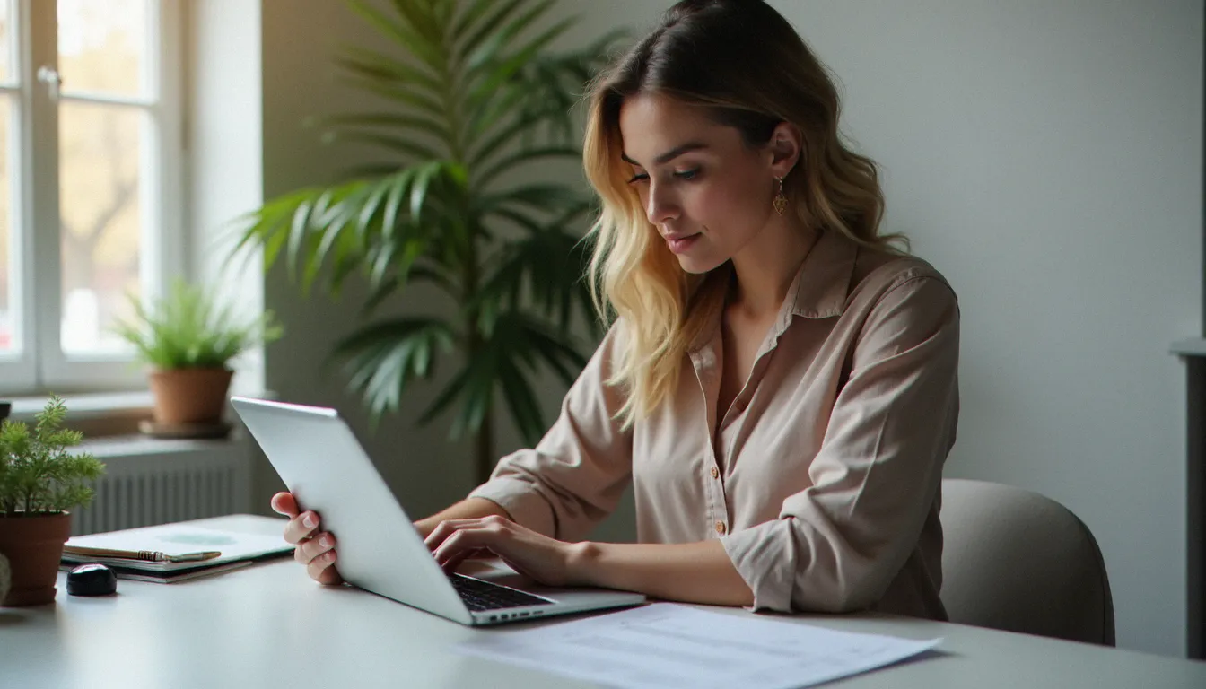 Une cheffe d'entreprise analysant des contenus générés par IA sur une tablette avec une checklist de validation, représentant l'évaluation critique des outils comme mamouth.ia