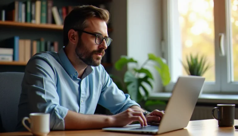 Un dirigeant de TPE utilisant une interface d'IA comme mamouth.ia sur son ordinateur portable dans un bureau lumineux