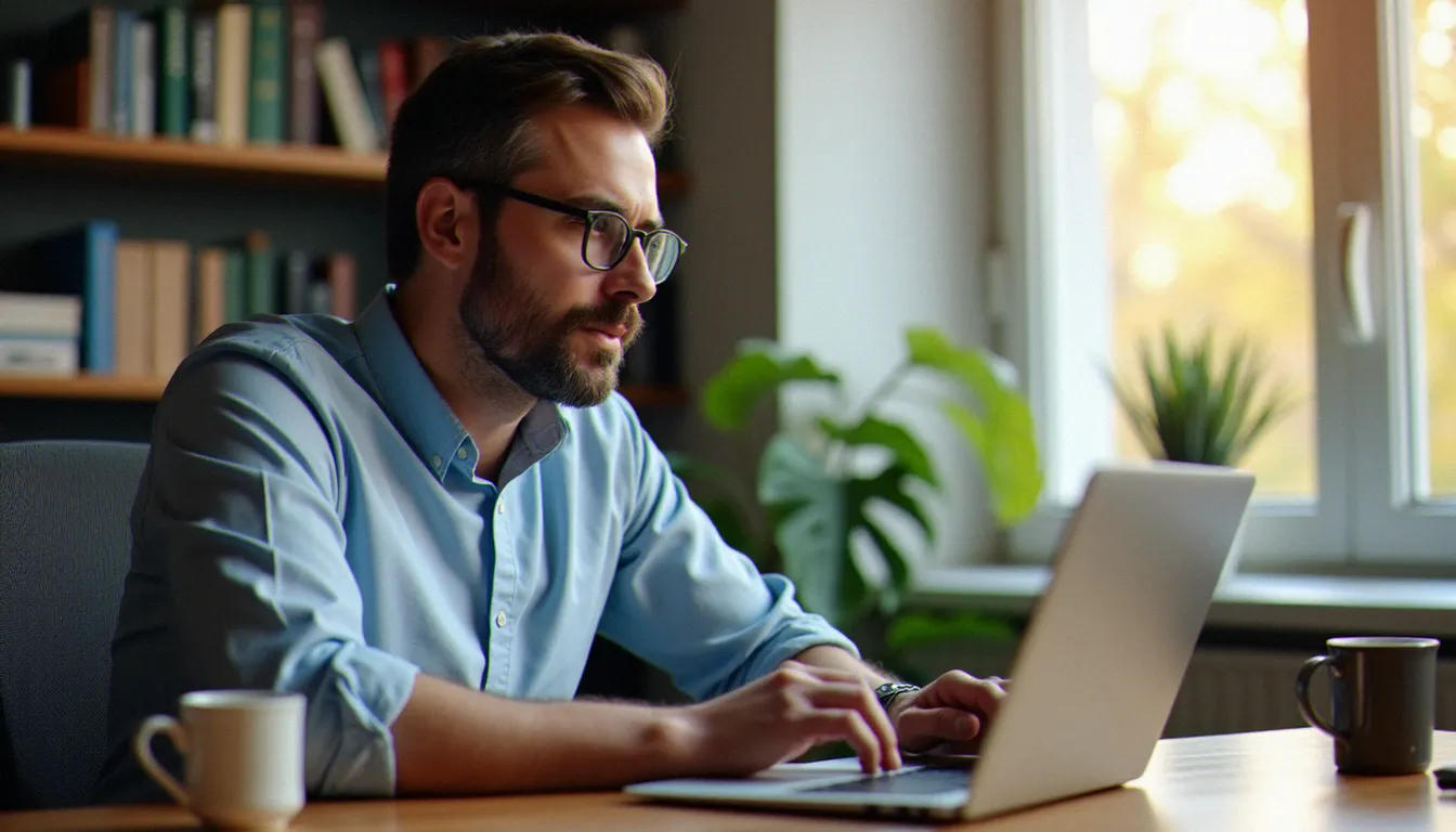 Un dirigeant de TPE utilisant une interface d'IA comme mamouth.ia sur son ordinateur portable dans un bureau lumineux