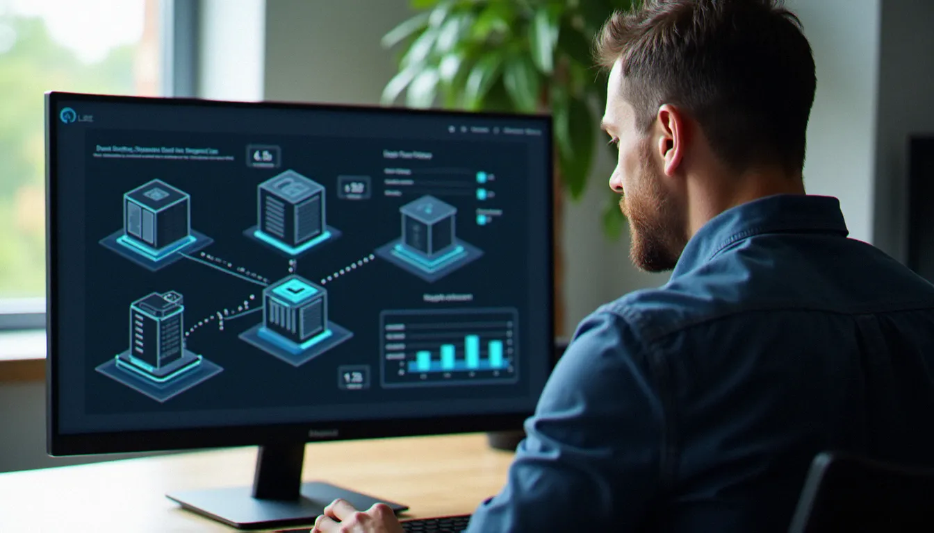 Consultant IT analysant un rapport Microsoft Assessment and Planning sur un écran dans un bureau professionnel moderne