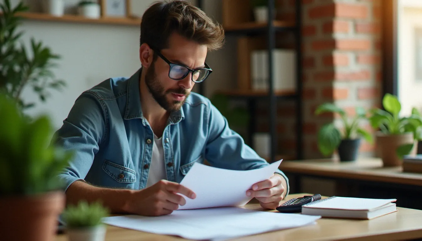 Dirigeant de petite entreprise analysant des documents de formation et de budget pour une certification Microsoft dans son bureau