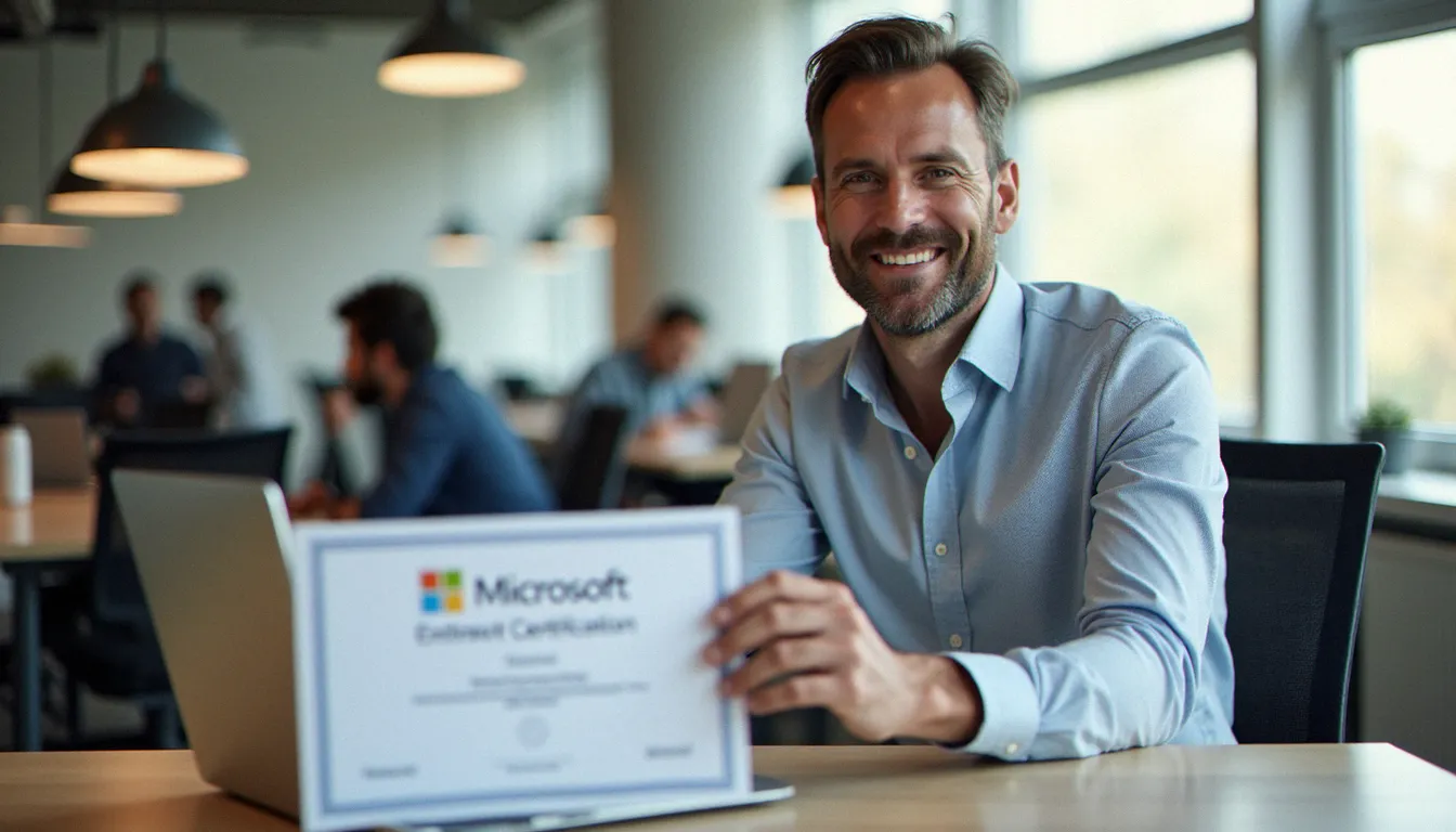 Professionnel tenant un microsoft certification certificate imprimé devant son ordinateur portable dans un espace de coworking moderne