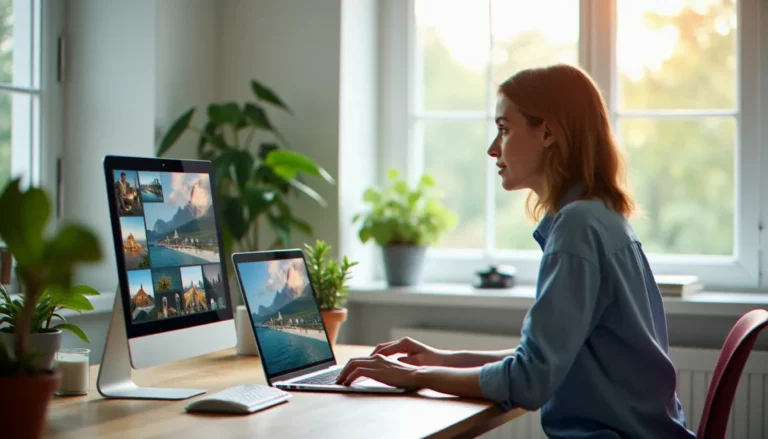 Femme consultant une galerie de photos sur Microsoft Photos dans Windows 11 sur un ordinateur portable