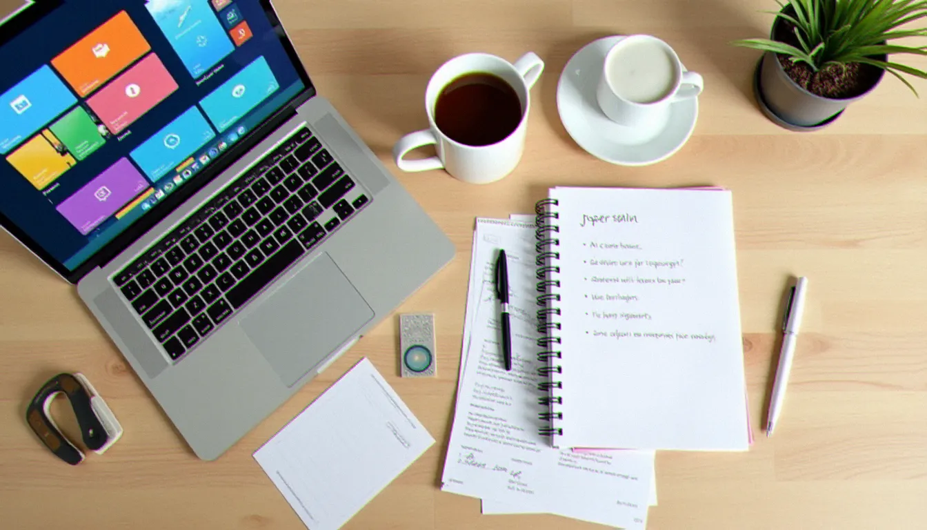 Vue aérienne d'un bureau de TPE avec ordinateur portable Windows affichant des applications professionnelles, entouré de documents et d'un carnet de notes
