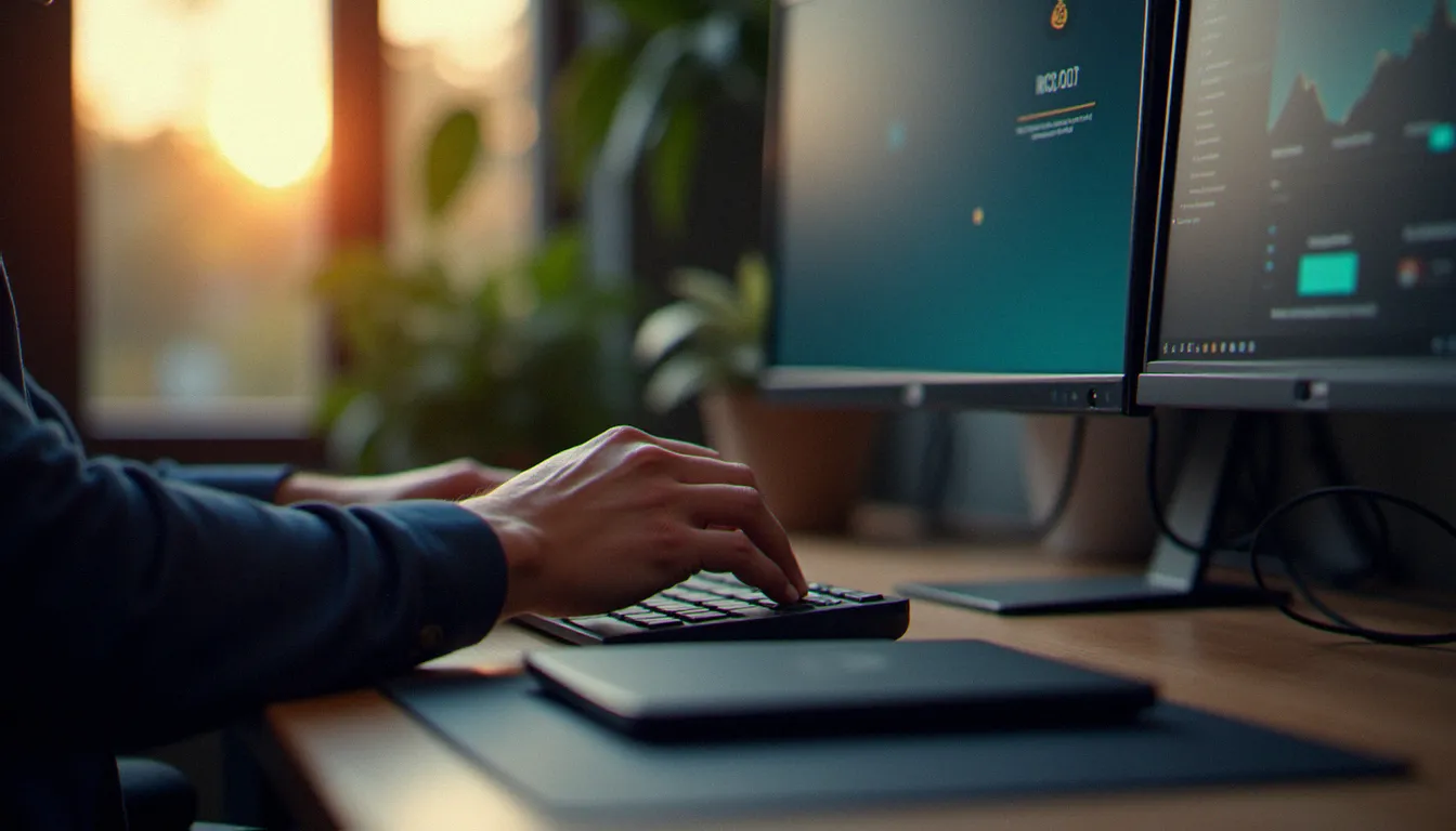 Mains d'un professionnel installant une application sur un PC de bureau avec double écran, représentant l'utilisation du Microsoft Store PC en entreprise