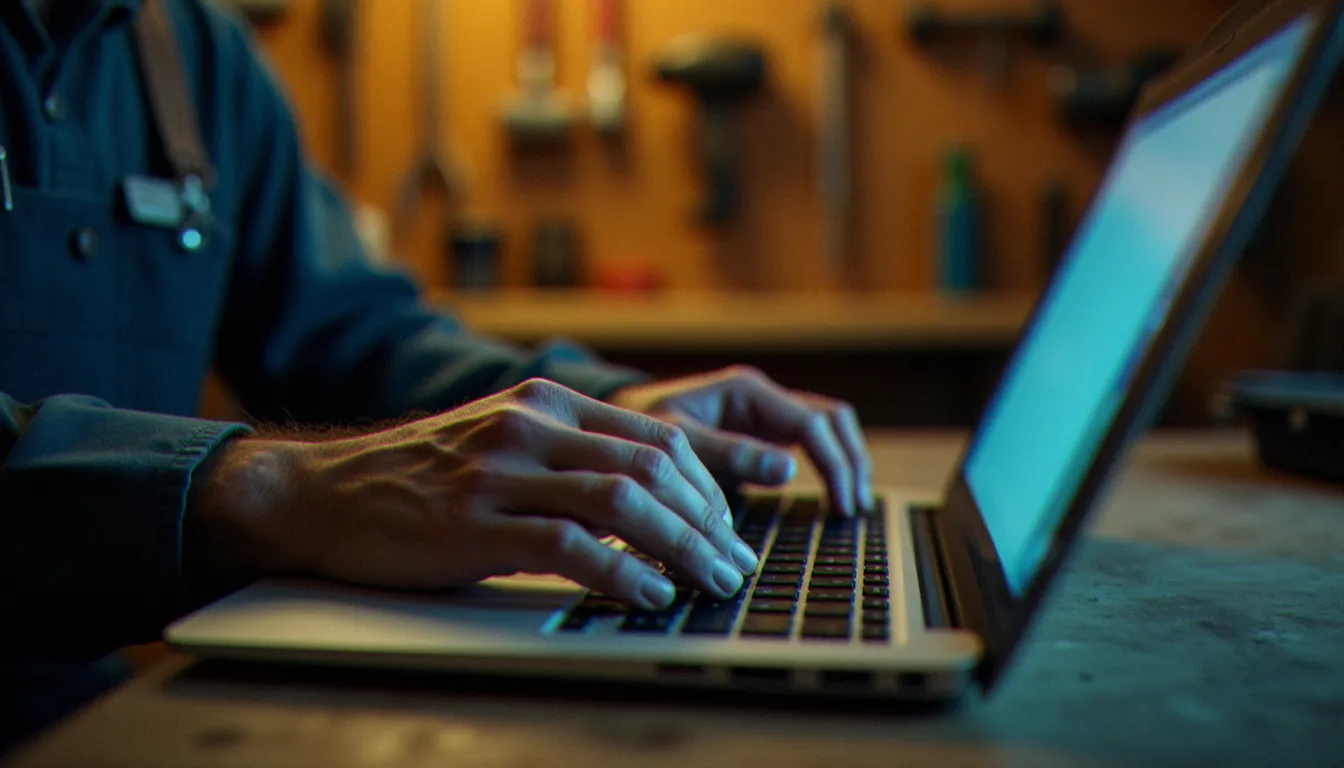 Artisan installant une application depuis le Microsoft Store PC sur son ordinateur portable, photographié dans son atelier professionnel avec ses outils en arrière-plan