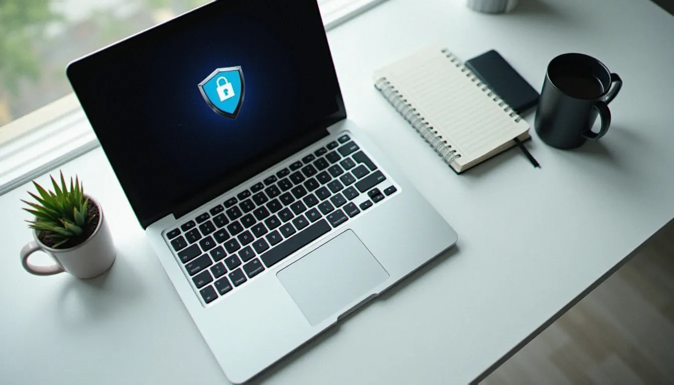 Vue aérienne d'un bureau de petite entreprise avec ordinateur portable affichant une interface de sécurité, illustrant la protection offerte par le Microsoft Store PC