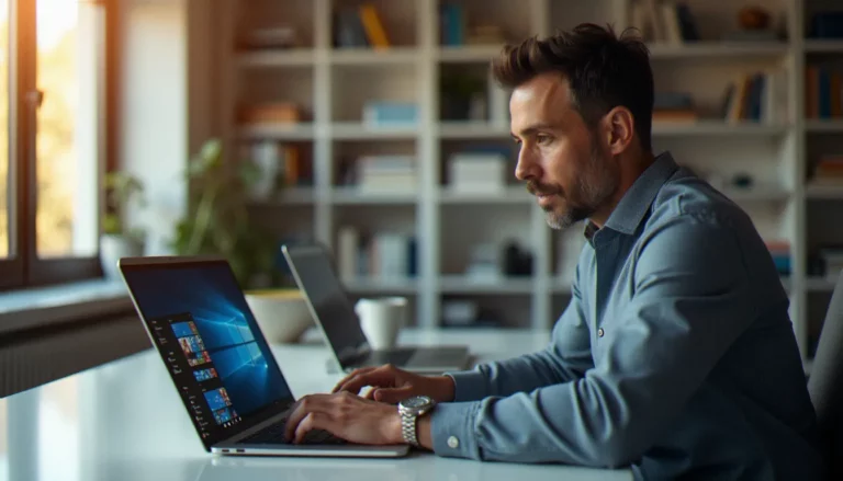 Dirigeant de TPE consultant le Microsoft Store PC sur son ordinateur portable Windows 11 dans un bureau professionnel lumineux