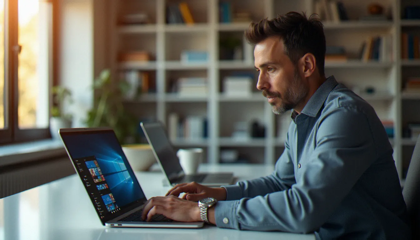 Dirigeant de TPE consultant le Microsoft Store PC sur son ordinateur portable Windows 11 dans un bureau professionnel lumineux