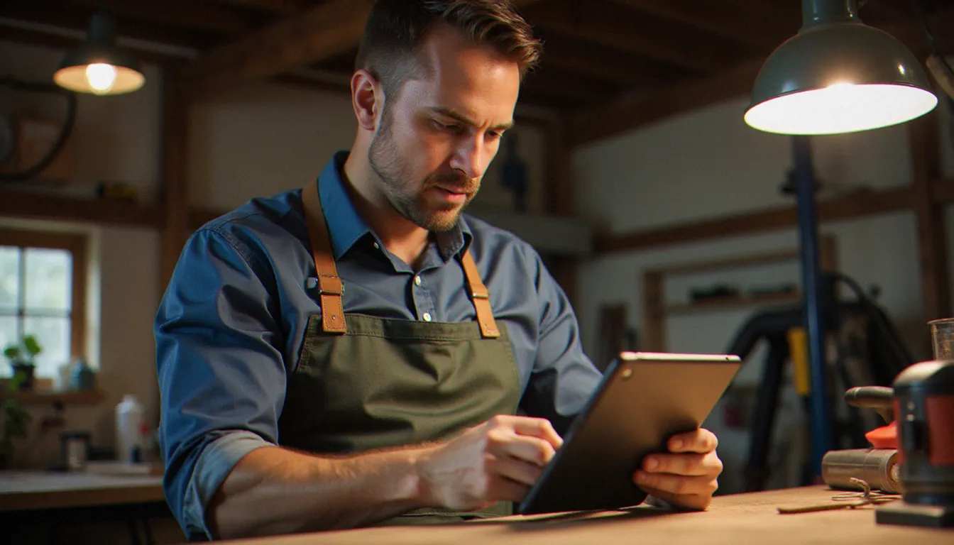 Artisan en tablier consultant une tablette dans son atelier pour vérifier les paramètres de sécurité de sa connexion Internet, illustrant la protection de l'adresse IP pour les TPE
