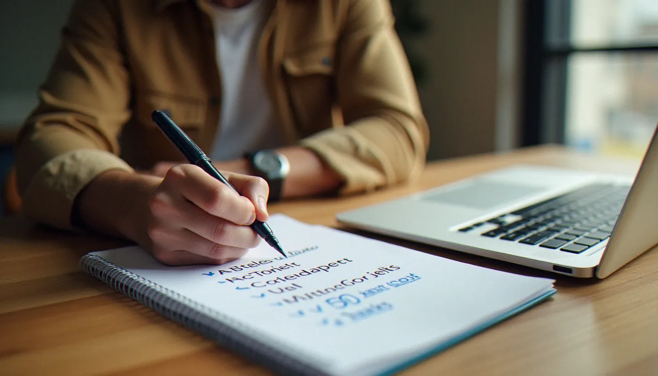 Un dirigeant de TPE qui note et teste des associations de mots sur un carnet pour trouver un nom d'entreprise original à l'aide d'un générateur de mots hasard