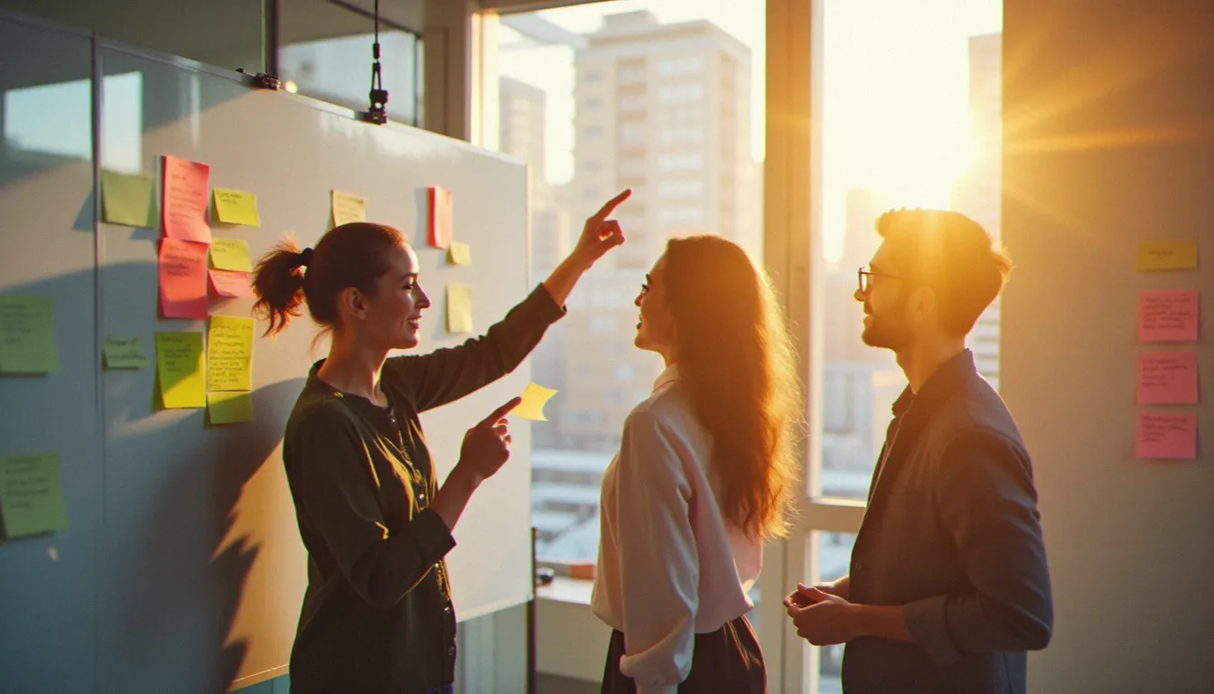 Une équipe de professionnels en séance de brainstorming collaboratif autour d'un tableau blanc couvert de post-it représentant des mots aléatoires pour générer des idées de contenu digital