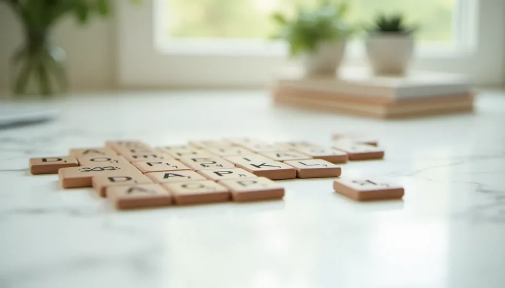 Lettres en bois disposées aléatoirement sur un bureau en marbre blanc, illustrant le concept de mot hasard pour la créativité et le naming digital