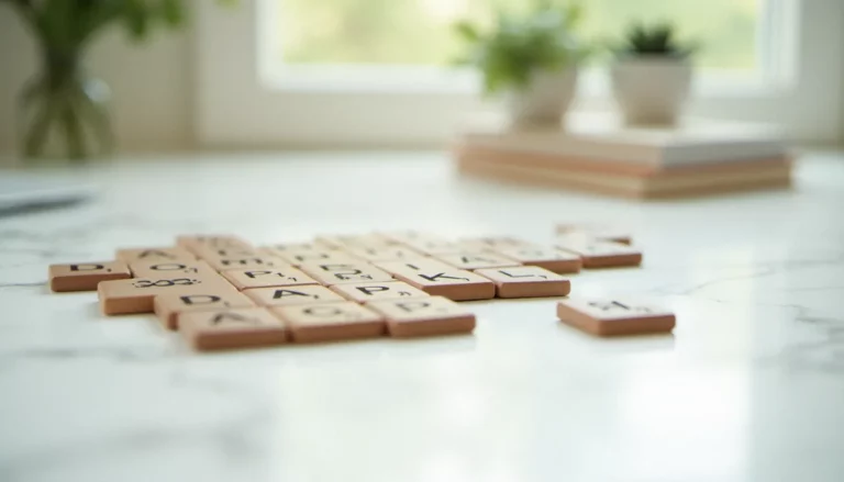 Lettres en bois disposées aléatoirement sur un bureau en marbre blanc, illustrant le concept de mot hasard pour la créativité et le naming digital