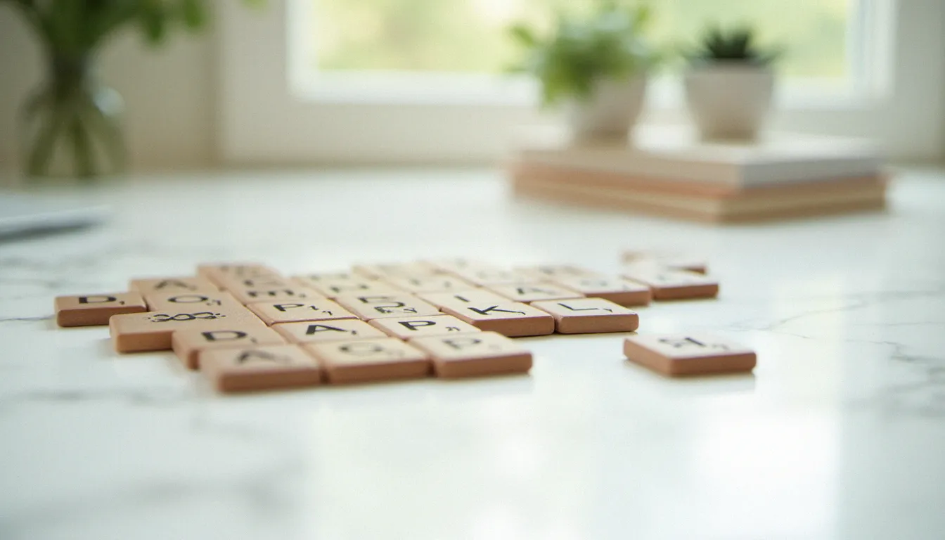 Lettres en bois disposées aléatoirement sur un bureau en marbre blanc, illustrant le concept de mot hasard pour la créativité et le naming digital