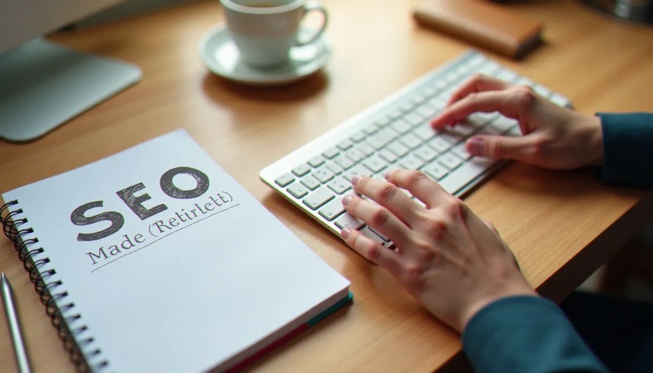 Mains tapant sur un clavier d'ordinateur avec un cahier de notes SEO ouvert sur un bureau en bois
