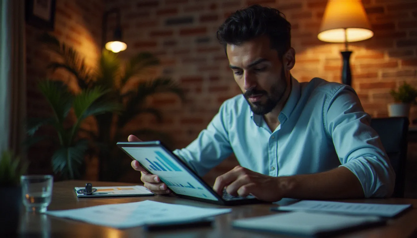 Chef d'une petite entreprise consultant des statistiques de trafic web sur une tablette dans son bureau