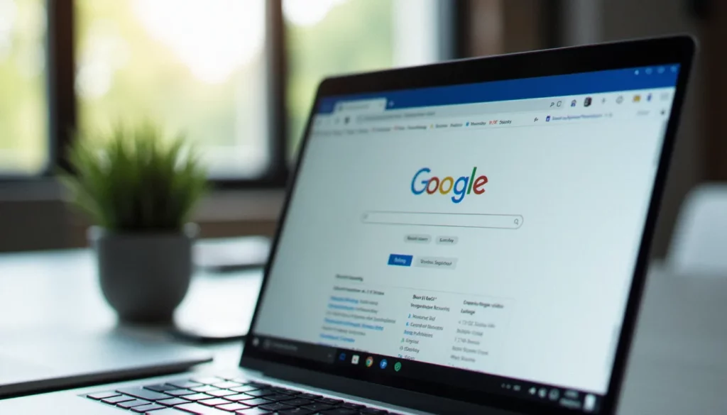 Écran d'ordinateur affichant le moteur de recherche Bing dans un bureau professionnel éclairé naturellement