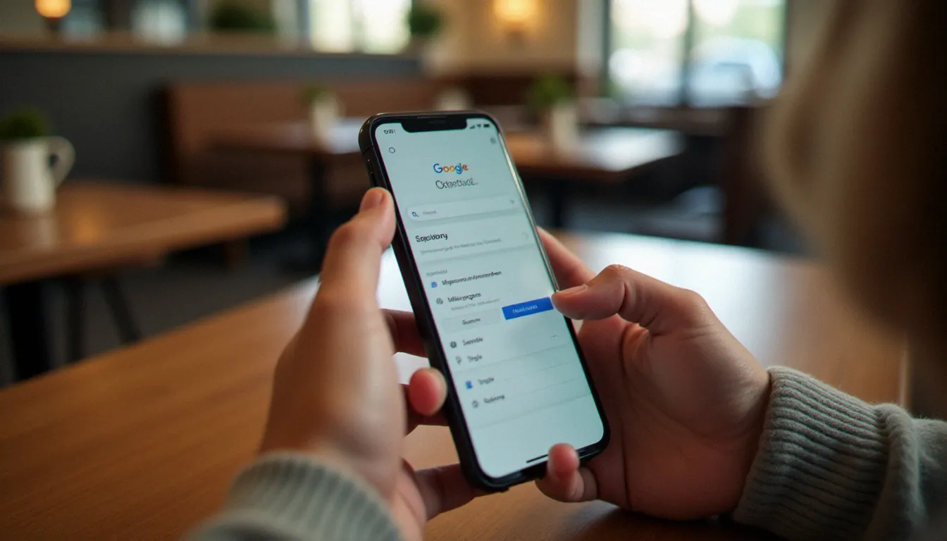 Des mains tenant un smartphone affichant les paramètres de compte Google, permettant d'accéder à la gestion des activités et données personnelles My Activities Google