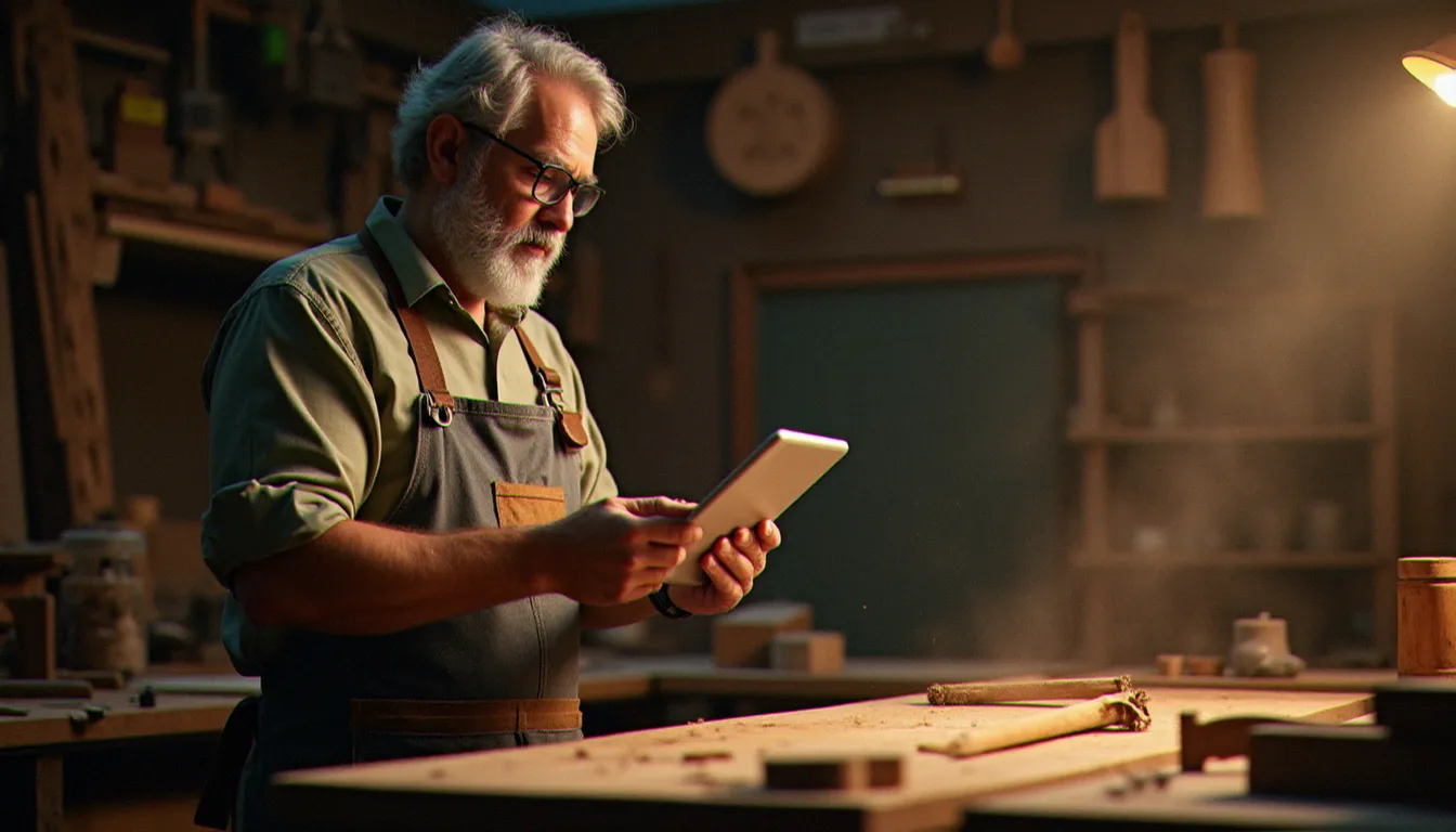 Un artisan consultant les avis clients et l'activité de sa fiche Google Business sur une tablette dans son atelier, illustrant l'impact des activités Google sur la visibilité locale d'un professionnel indépendant