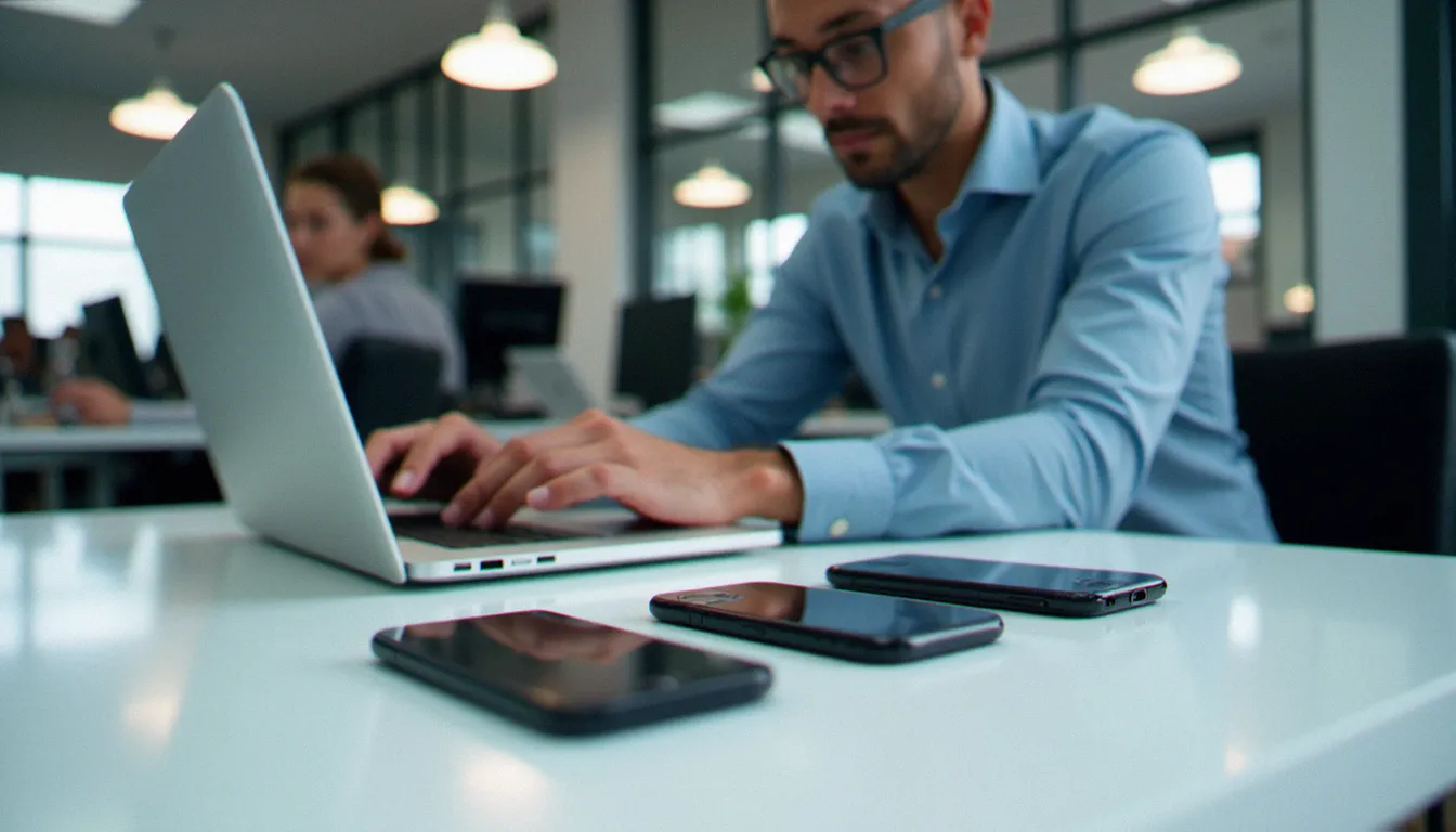 Un technicien configurant la surveillance de smartphones professionnels sur un ordinateur portable, représentant l'installation d'un logiciel de type myspy en entreprise