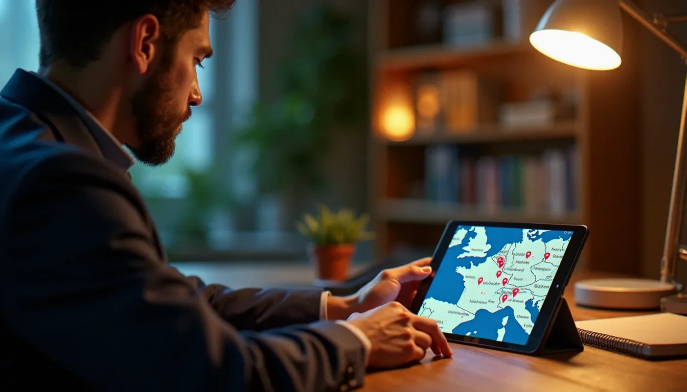 Un dirigeant de TPE consultant un tableau de bord de localisation sur tablette, illustrant l'usage professionnel légitime de myspy pour suivre une flotte de terminaux mobiles