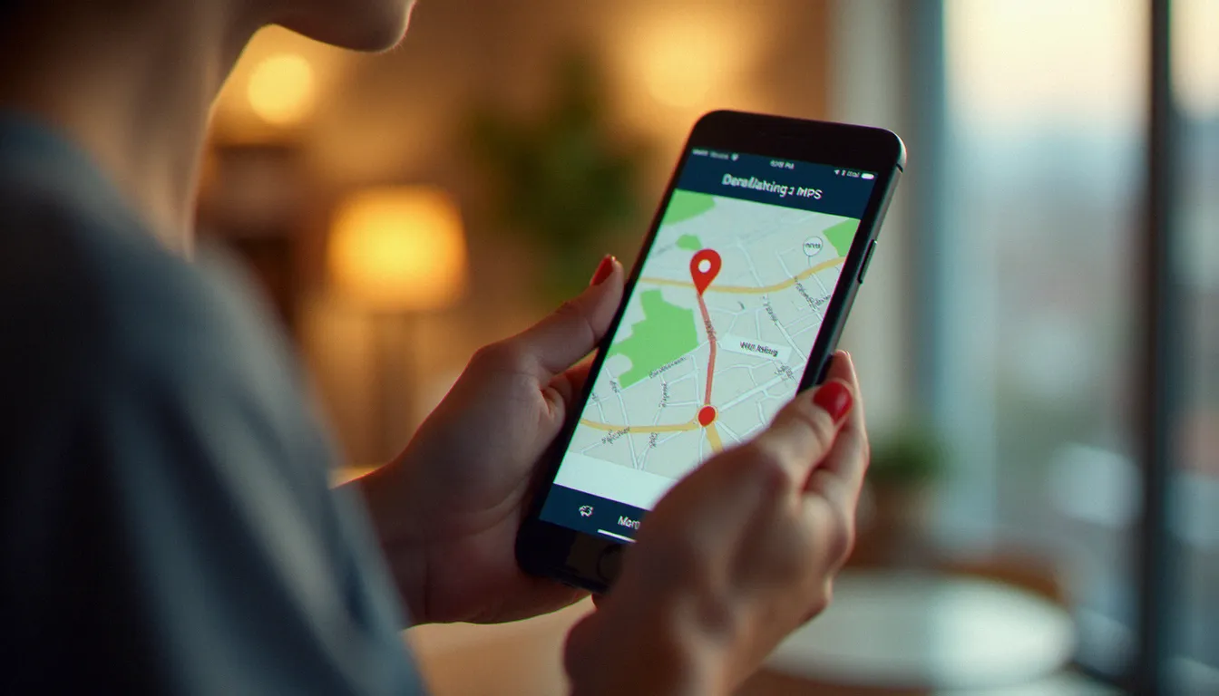 Un parent tenant un smartphone affichant une carte de localisation GPS, illustrant l'utilisation de myspy pour le contrôle parental