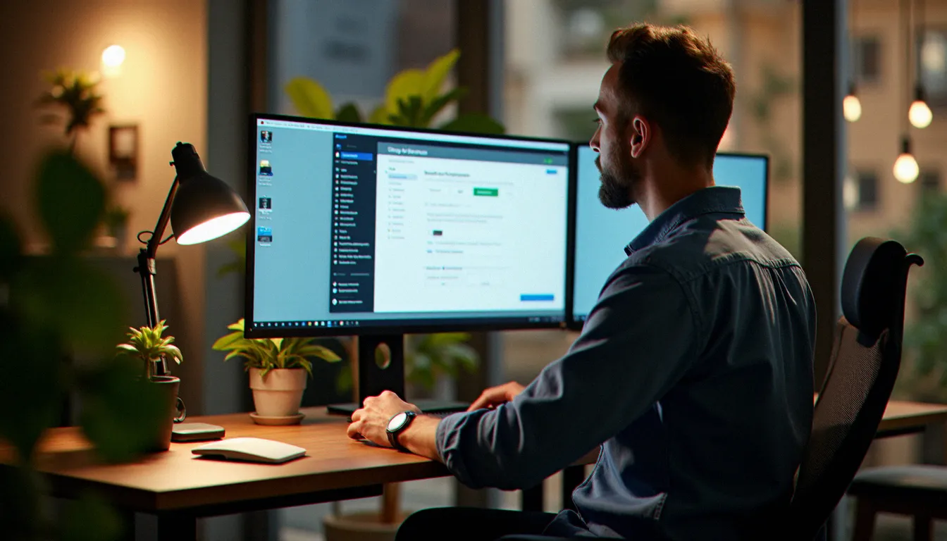 Entrepreneur en train de modifier les paramètres de son navigateur par défaut sur un grand écran dans un bureau moderne