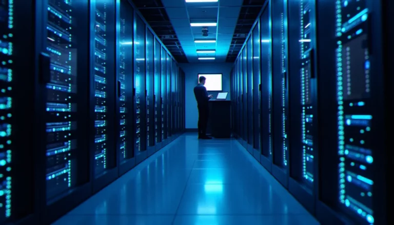 Salle de serveurs professionnelle avec des racks illuminés représentant l'infrastructure web où tourne ngnix