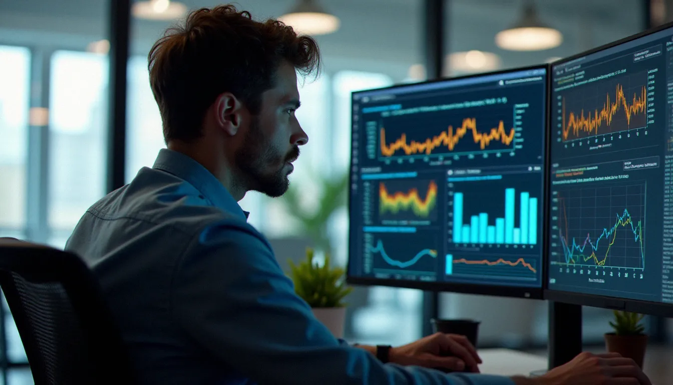 Technicien réseau analysant les temps de réponse DNS et les logs de requêtes sur un écran de monitoring en environnement bureau