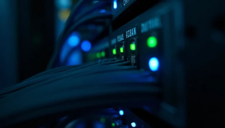 Baie de serveurs réseau dans un datacenter illustrant l'infrastructure du port DNS et la résolution de noms de domaine