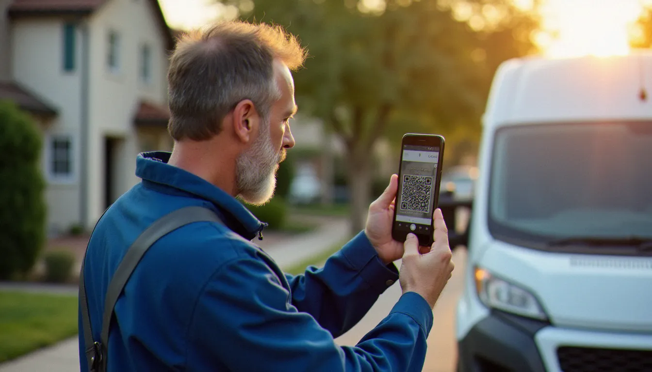 Un artisan en tenue de travail qui scanne un shortlink sous forme de QR code imprimé sur une carte de visite avec son smartphone devant son véhicule professionnel